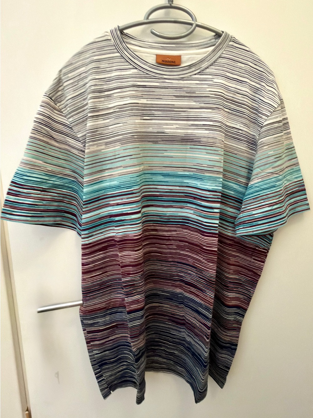 Missoni Men’s Multicolor Striped Tee — Blue & Maroon XL